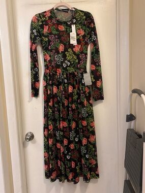 Molly Goddard Floral Long-Sleeve Maxi Dress - Black with Pink & Green Floral